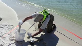 A scientists collects samples after the Deepwater Horizon oil spill.
