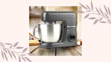 picture of grey stand mixer with leaf graphics around it