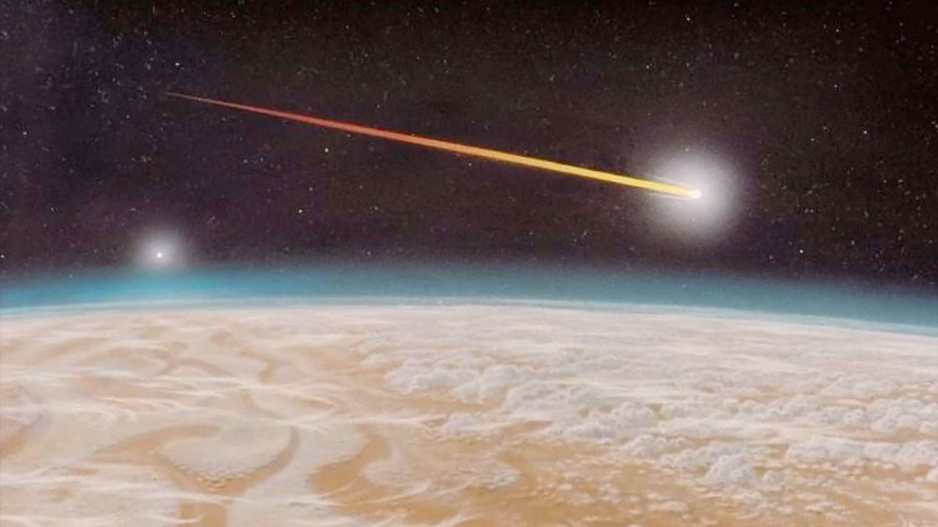 an artist's illustration of a spacecraft taking on the look of a bright fireball with a long trail as it plunges to its demise into a giant gas planet.