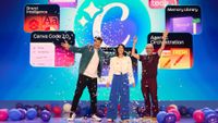 Canva's founders celebrating the launch of Canva AI 2.0 in April
