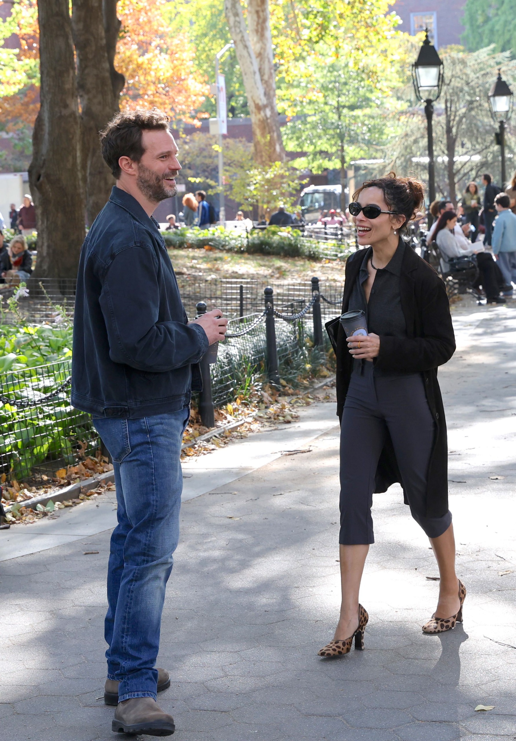 Zoe Kravitz wears leopard print shoes and capri pants to film with Jamie Dornan in New York City