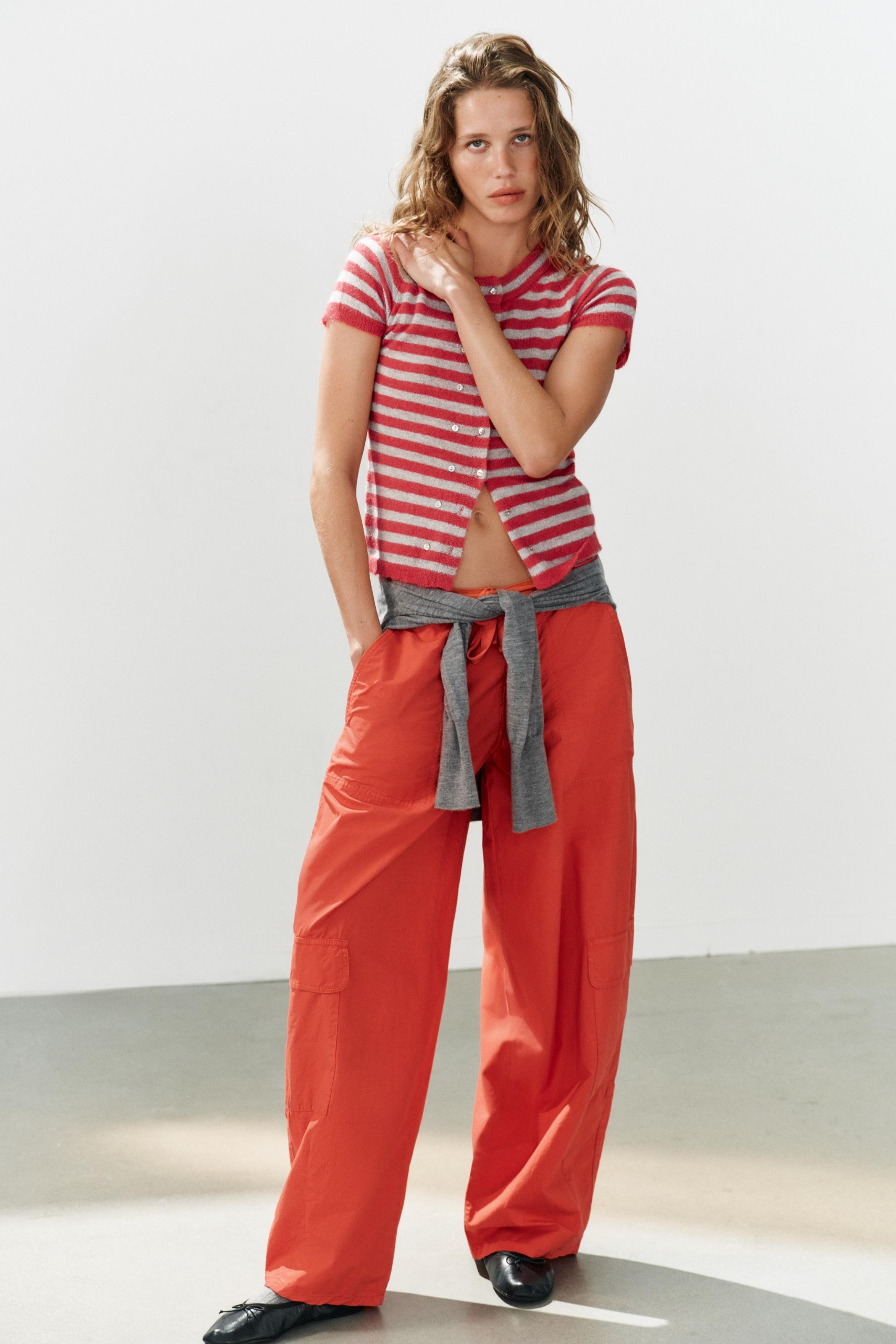 Striped Short-Sleeve Cardigan - White / Red - S