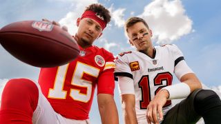 NFL players Patrick Mahomes and Tom Brady kneeling side by side