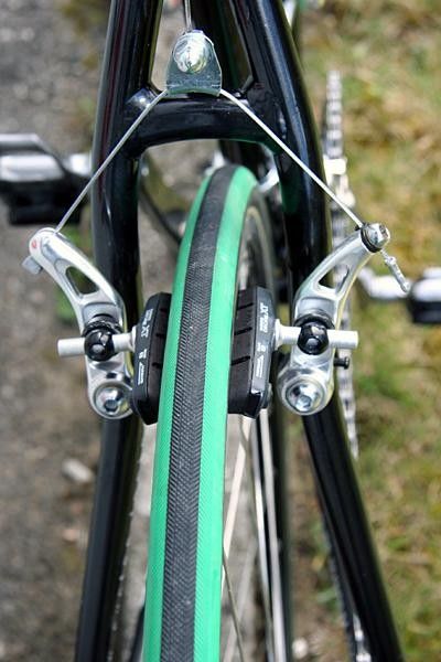 The rear cantilever brake - using Shimano's Deore XT mountain bike brake blocks.