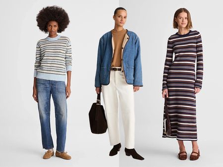 models wear madewell clothing. one model wears striped sweater, jeans, and boat shoes. another model wears a reversible sherpa and denim jacket over a sweater and white jeans and black boots, another model wears a long-sleeve maxi striped sweater dress. 