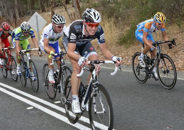 The ever popular Jens Voigt (Saxo Bank) leads Simon Clarke (UniSA) in the break