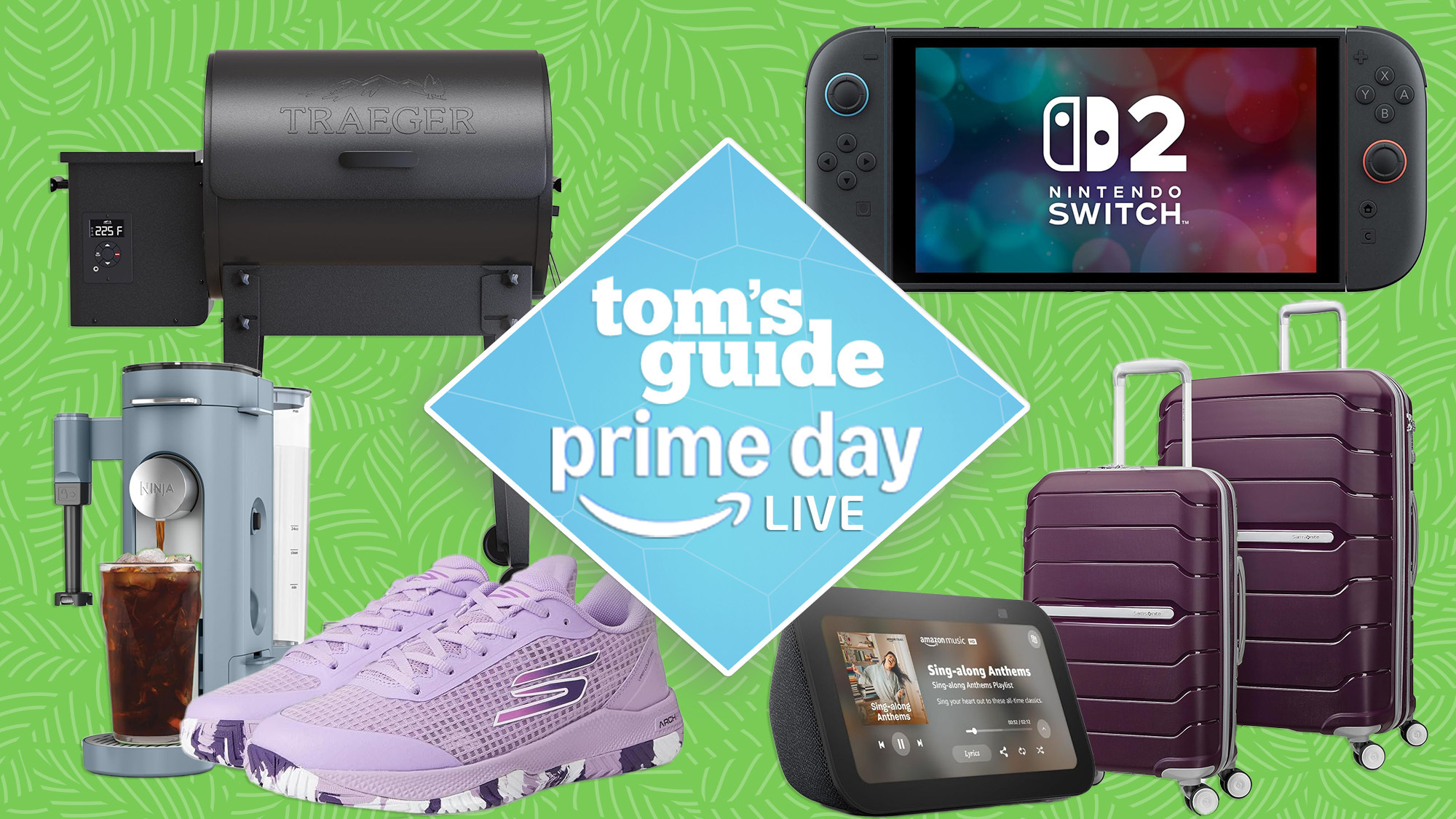 Products on sale for Prime Day on a colored background with a Tom's Guide Prime Day Live deals badge
