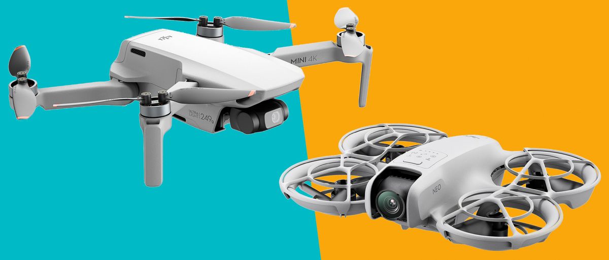 DJI Mini 4 K and DJI Neo drones on plain colorful background