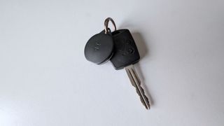 Pebblebee Clip for Android compatible with the Google Find My Device network, attached to a car key.