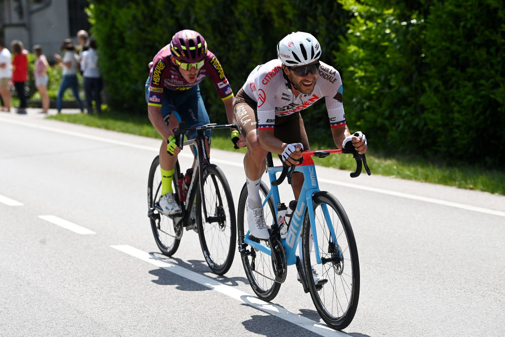 TRE CIME DI LAVAREDO ITALY MAY 26 LR Veljko Stojni of Serbia and Team Corratec Selle Italia and Larry Warbasse of The United States and AG2R Citron Team compete in the breakaway during the 106th Giro dItalia 2023 Stage 19 a 183km stage from Longarone to Tre Cime di Lavaredo 2307m UCIWT on May 26 2023 in Tre Cime di Lavaredo Italy Photo by Tim de WaeleGetty Images