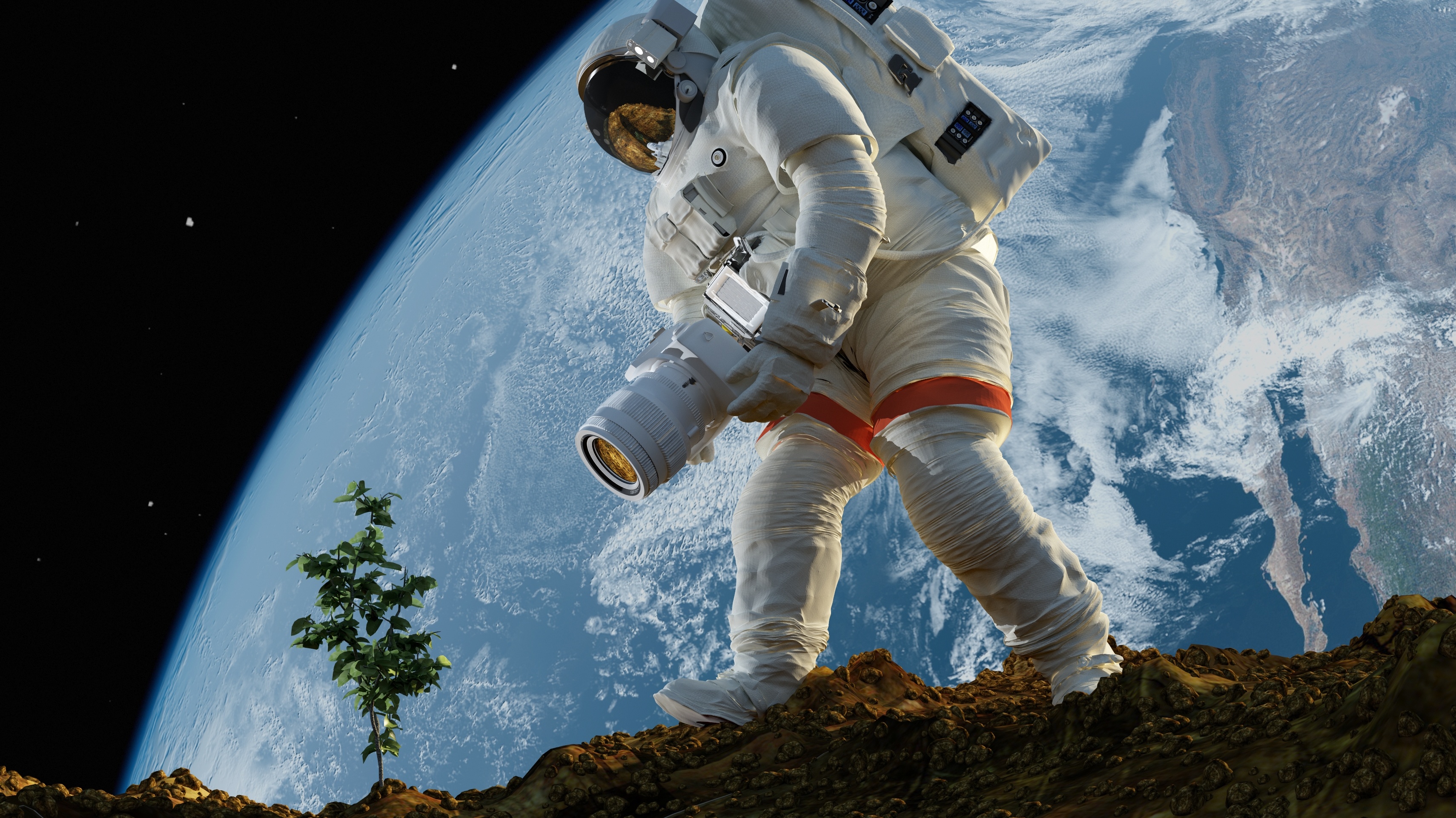 A visualization of an astronaut photographing a plant with Earth in the background.