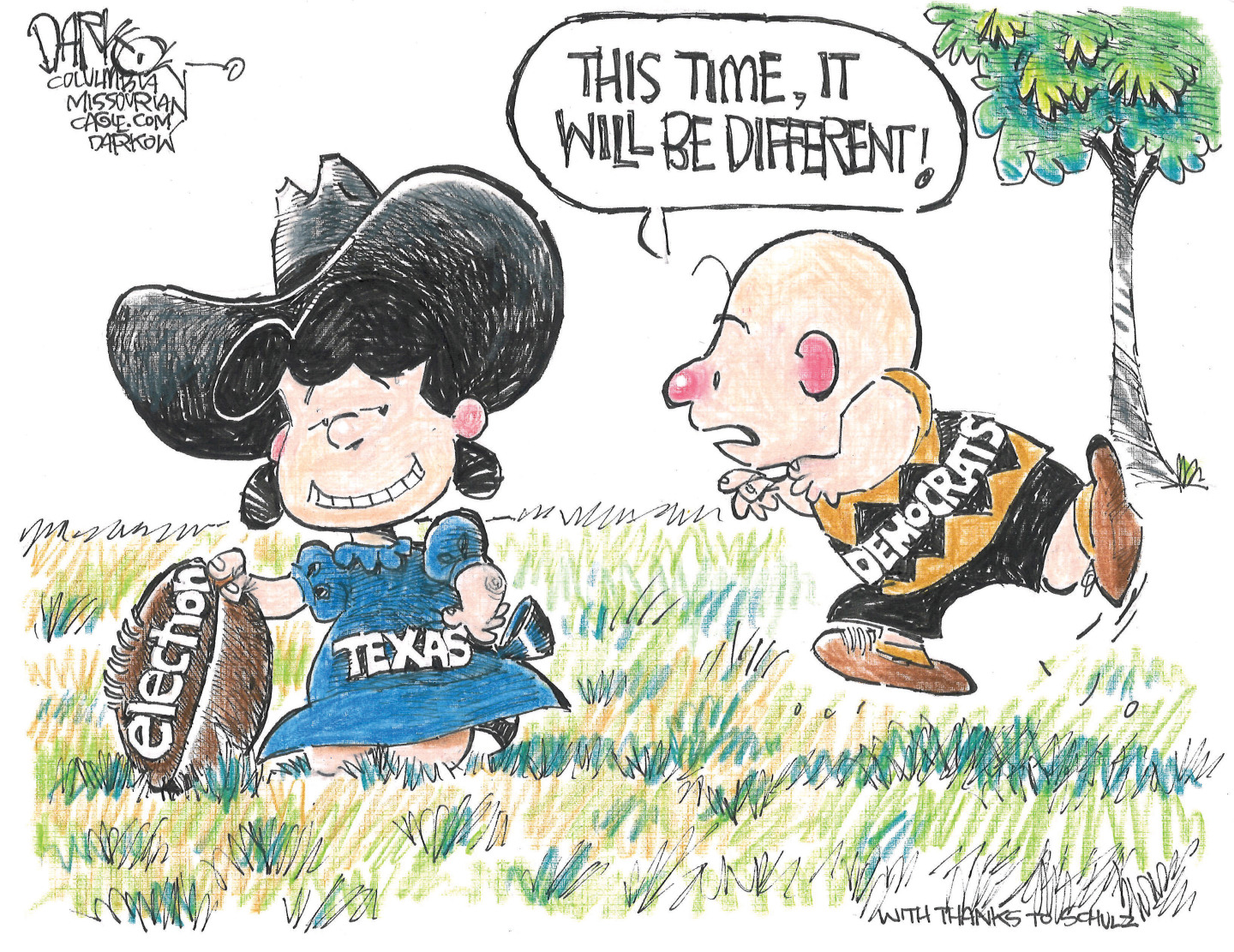 Lucy from Peanuts wears a cowboy hat and Texas dress as she holds a football labeled &amp;ldquo;election&amp;rdquo;. Charlie Brown wears a &amp;ldquo;Democrats&amp;rdquo; shirt as he runs to kick the ball and says, &amp;ldquo;This time it will be different!&amp;rdquo;