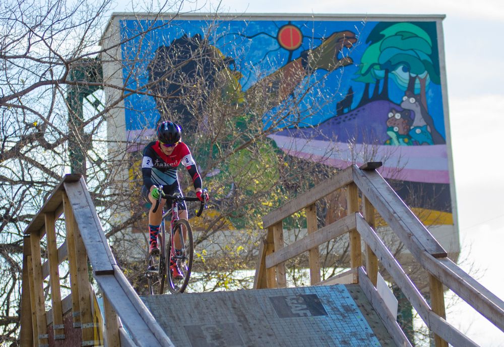 Mical Dyck drops down the Qualico fly over, a new feature on the championship Winnipeg course