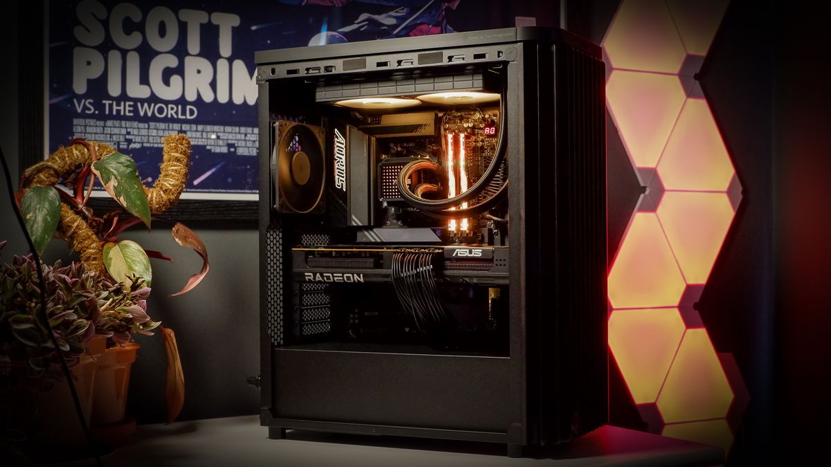 A gaming PC in the process of being built, using Radeon and Ryzen components and an Asus Pro Art PA401 PC case.