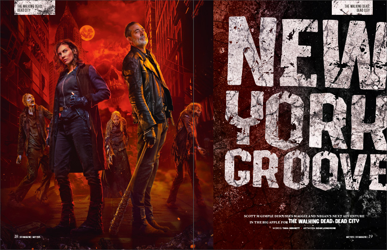 Maggie and Negan with three Walkers behind them.