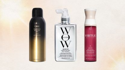 Three images of the best hair products for humidity from (L-R) Oribe, Color Wow, Virtue, on a beige background with yellow suns