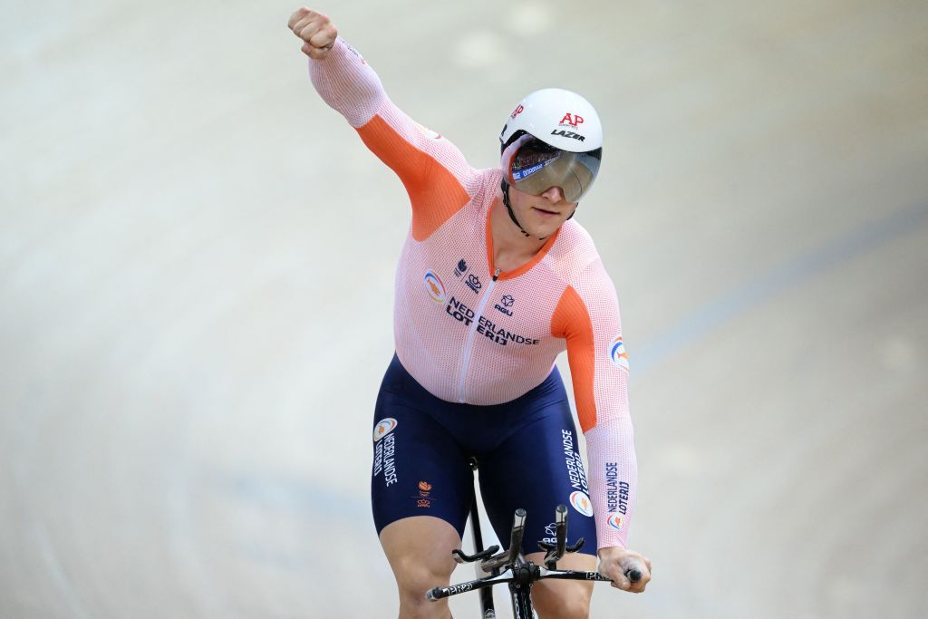 Netherlands Jeffrey Hoogland celebrates his victory after winning the Mens Kilometre Time Trial final during the UCI Track Cycling World Championships at the Velodrome of SaintQuentinenYvelines southwest of Paris on October 14 2022 Photo by AnneChristine POUJOULAT AFP Photo by ANNECHRISTINE POUJOULATAFP via Getty Images