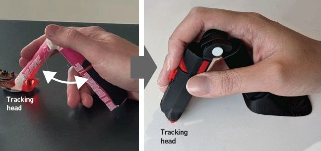 a two-paneled image showing a prototype and design of an A-frame shaped computer mouse
