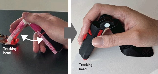 a two-paneled image showing a prototype and design of an A-frame shaped computer mouse