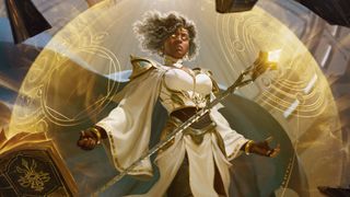 Dungeons & Dragons art featuring a woman with glowing eyes levitating behind a magical shield