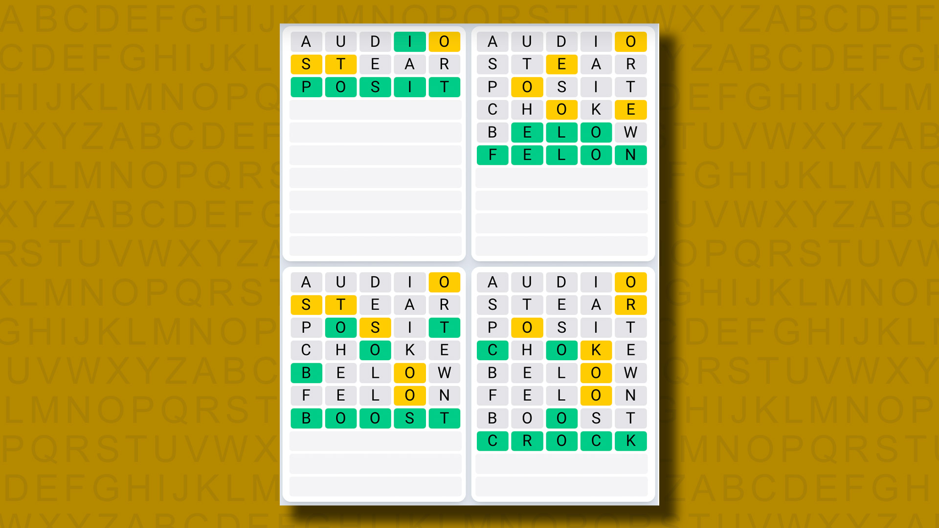 Quordle Daily Sequence answers for game 1050 on a yellow background