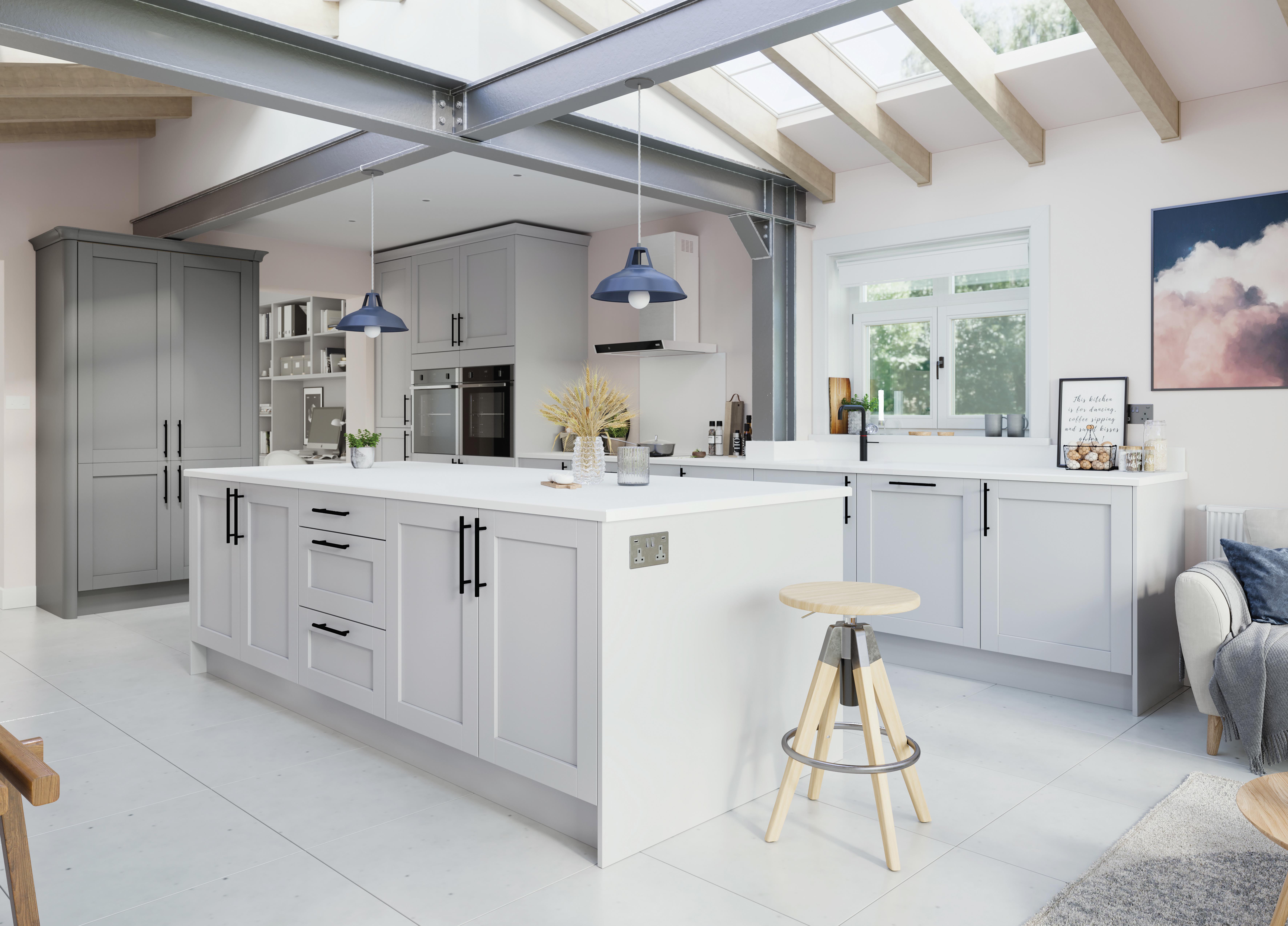 white and grey open plan kitchen design ideas with roof lights
