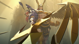 Angela pointing a spear at the camera. 