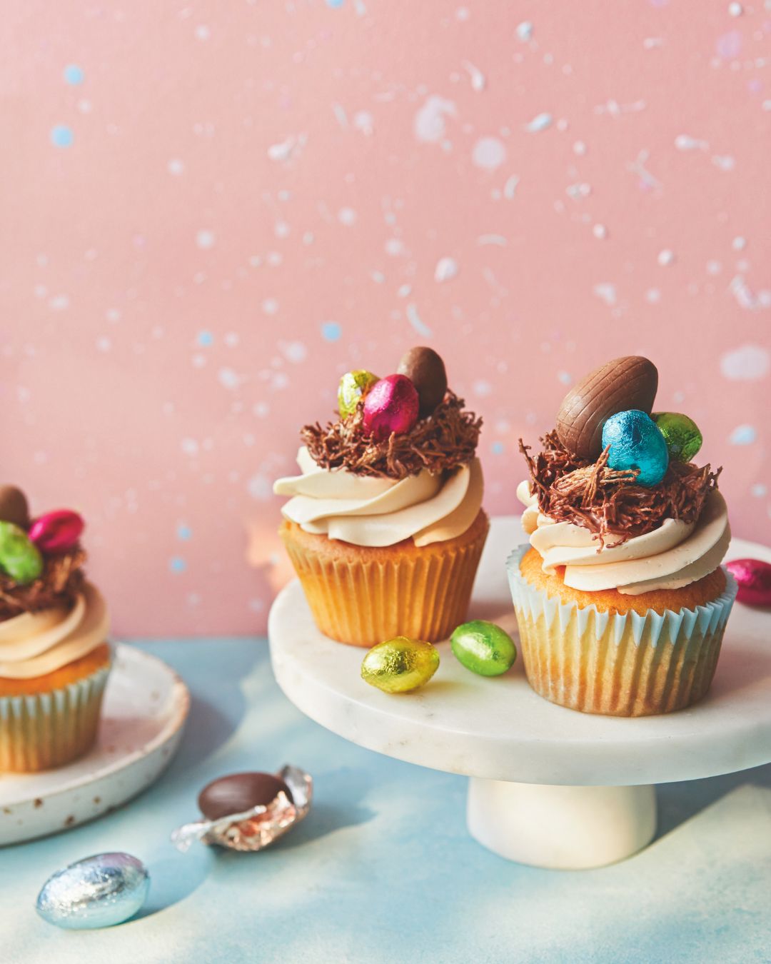 Salted caramel cupcakes with chocolate nests and mini chocolate eggs