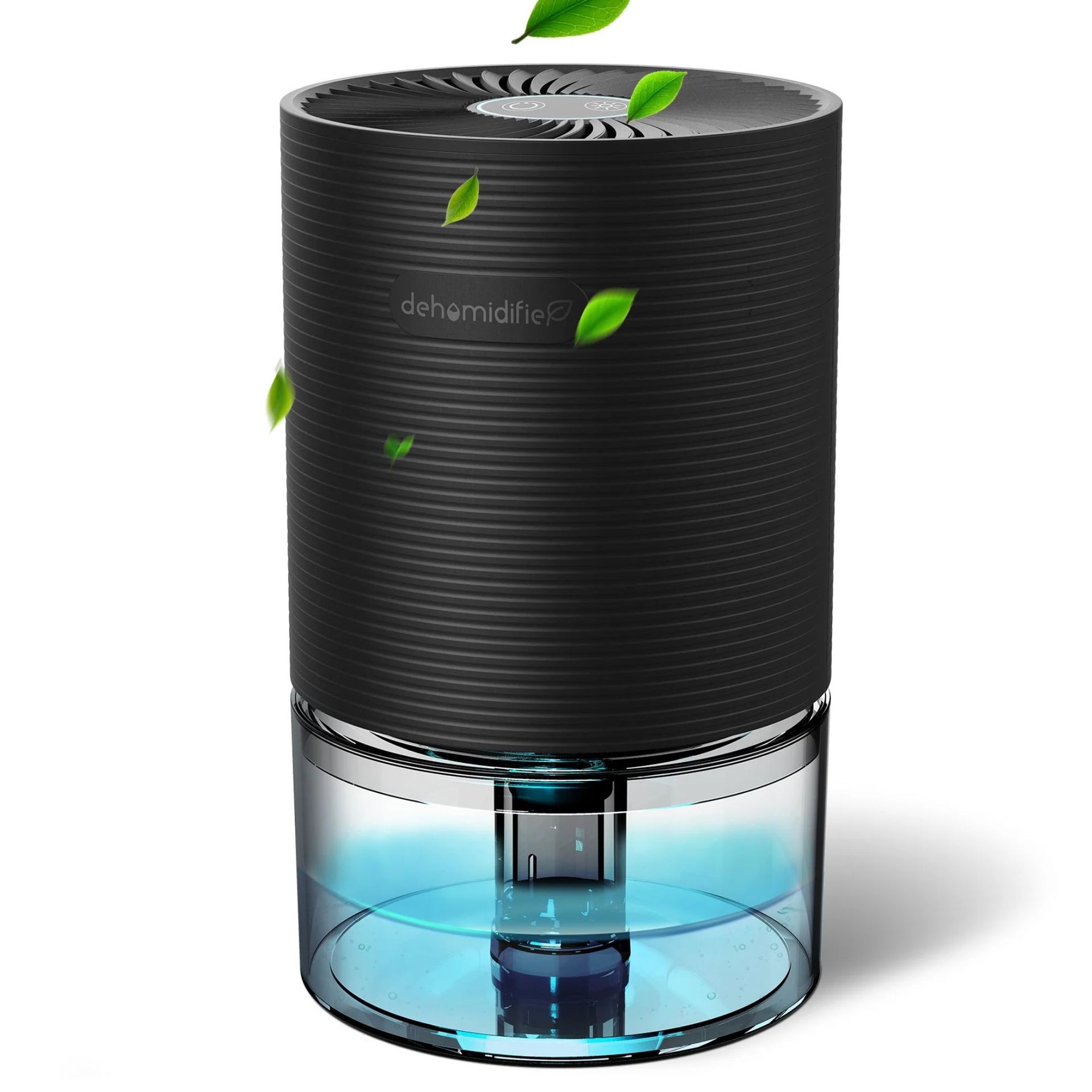 A black cylindrical dehumidifier with blue water tank