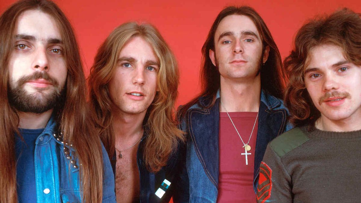 Status Quo against a red background in 1974