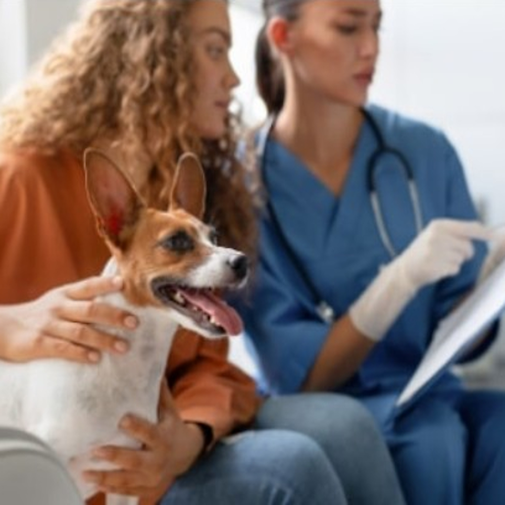 A small tan and white dog sat on a woman's lap while talking through notes with a vet in blue scrubs