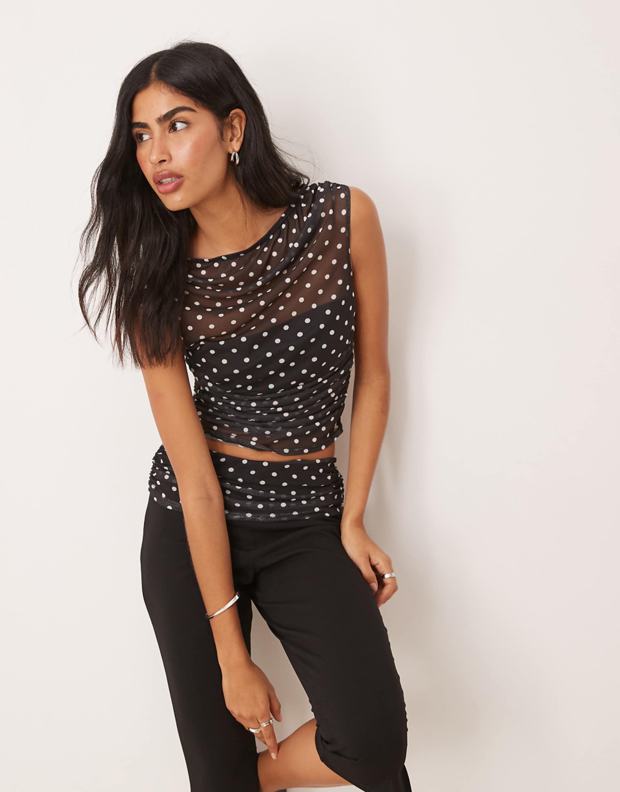 ASOS Design Coord gathered short-sleeved shoulder mesh top, black dots