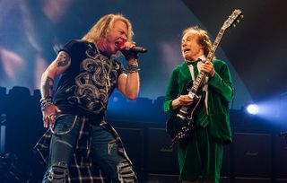 Axl Rose and Angus Young of AC/DC at The Palace of Auburn Hills on September 9, 2016 in Auburn Hills, Michigan