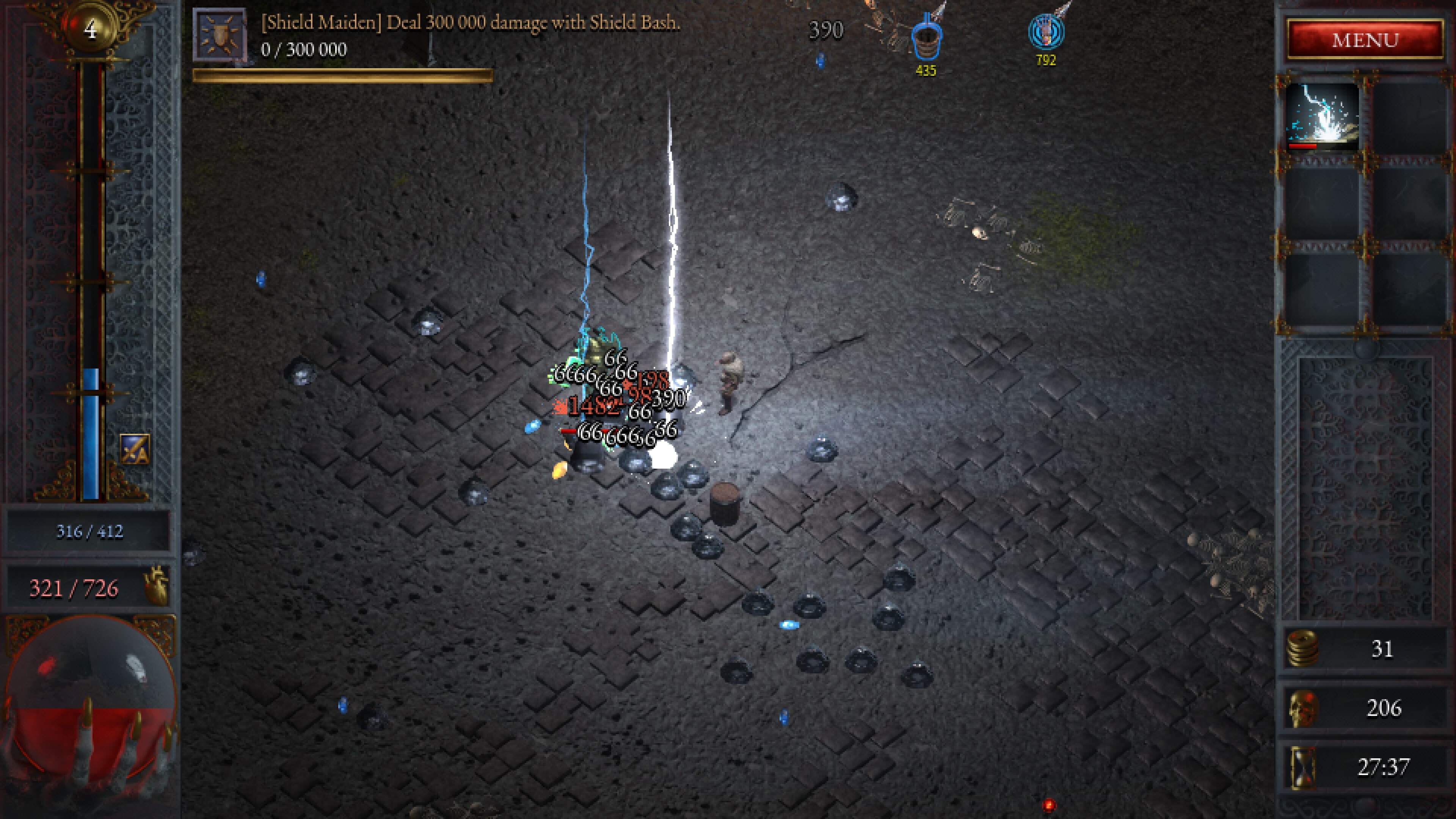 The Exterminator attacks enemies with lighting in the Caverns.