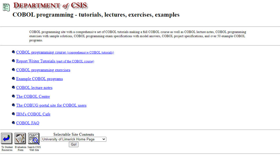 Captura de pantalla del sitio web de lecciones COBOL de la Universidad de Limerick