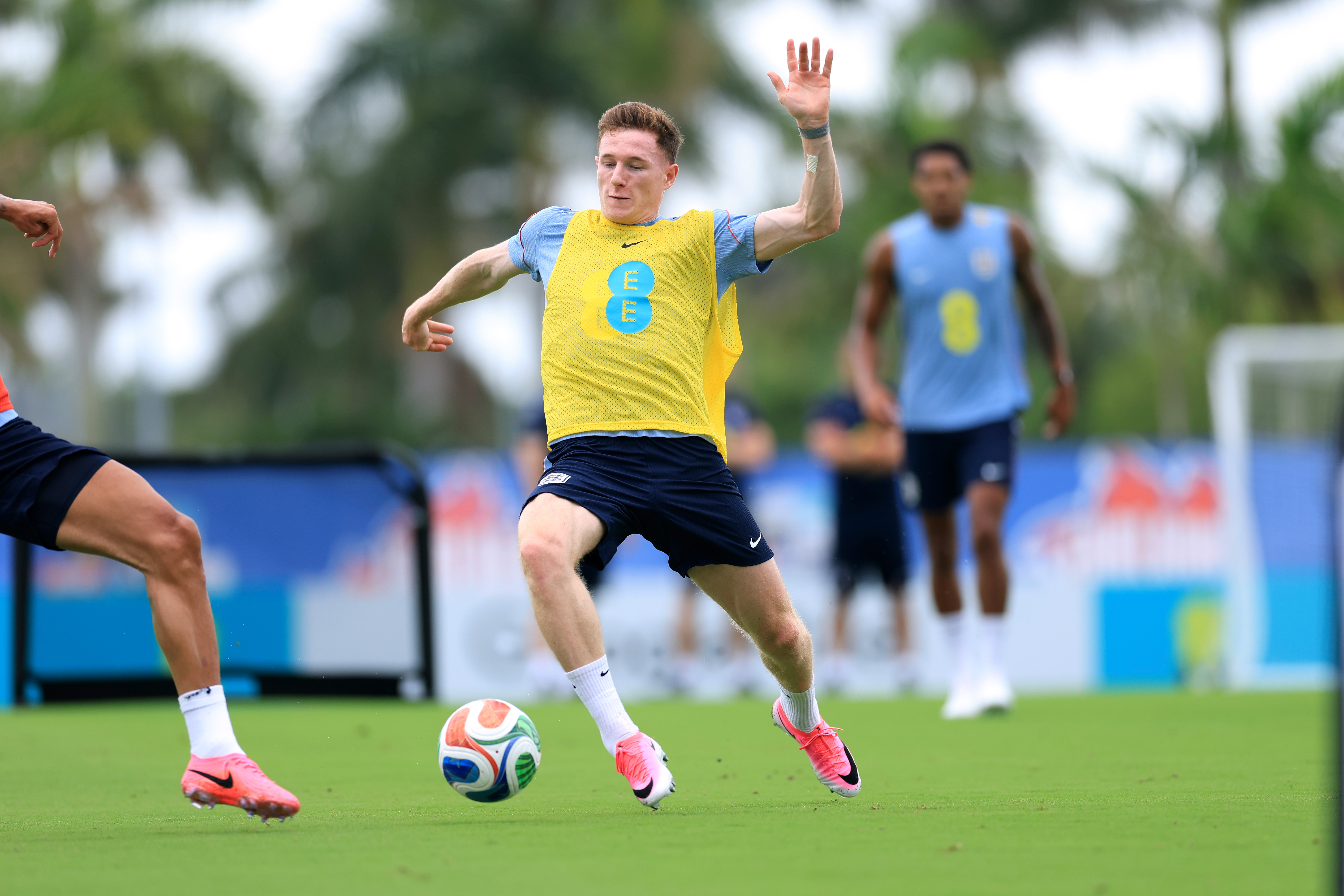 Elliot Anderson of England runs with the ball during a training session on June 04, 2026 in West Palm Beach, Florida.  (Photo by Eddie Keogh - The FA/The FA via Getty Images)