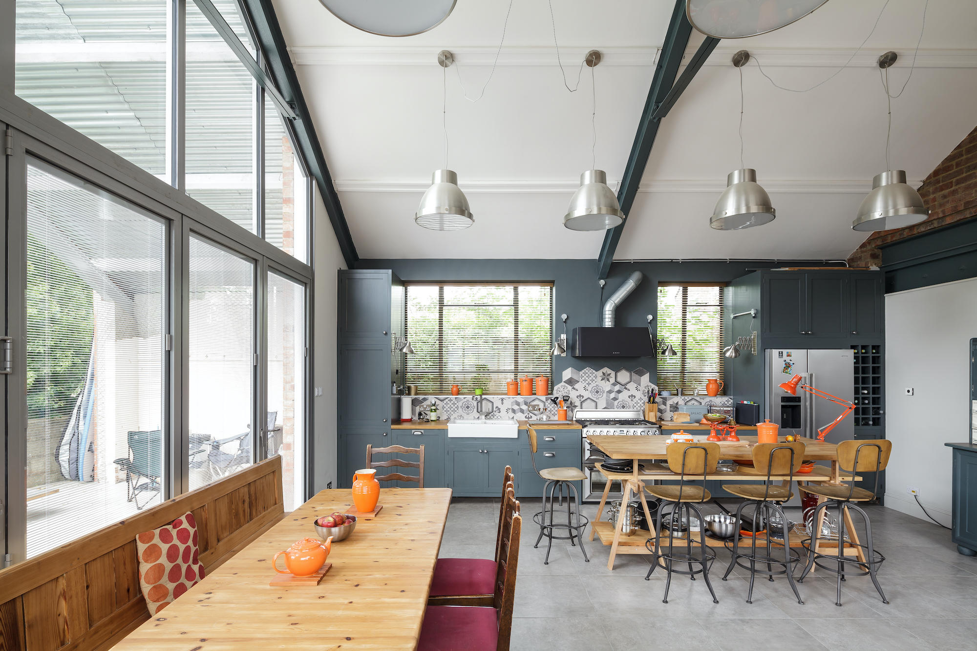 grey single wall kitchen in open plan dining space