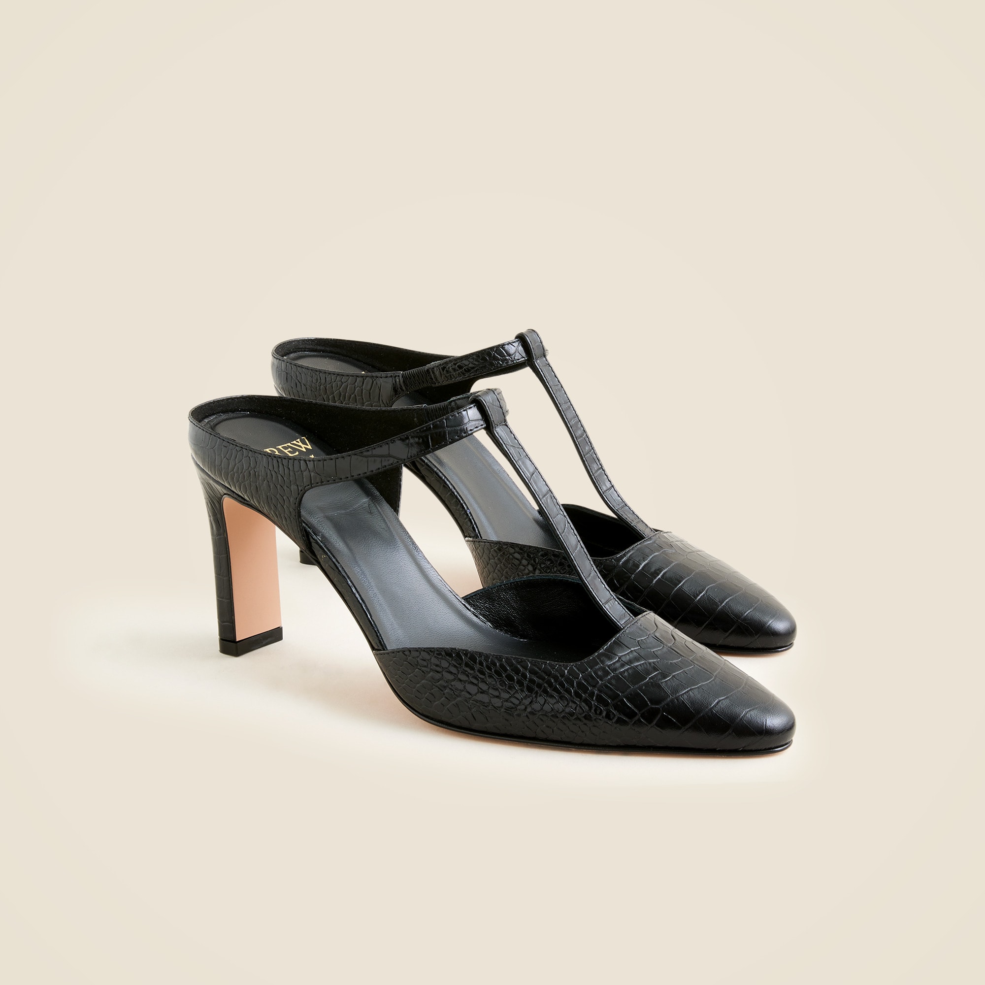 Made-In-Italy Jules T-Strap Pumps in Croc-Embossed Leather