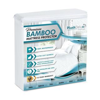 PlushDeluxe Premium Bamboo Mattress Protector against a white background.