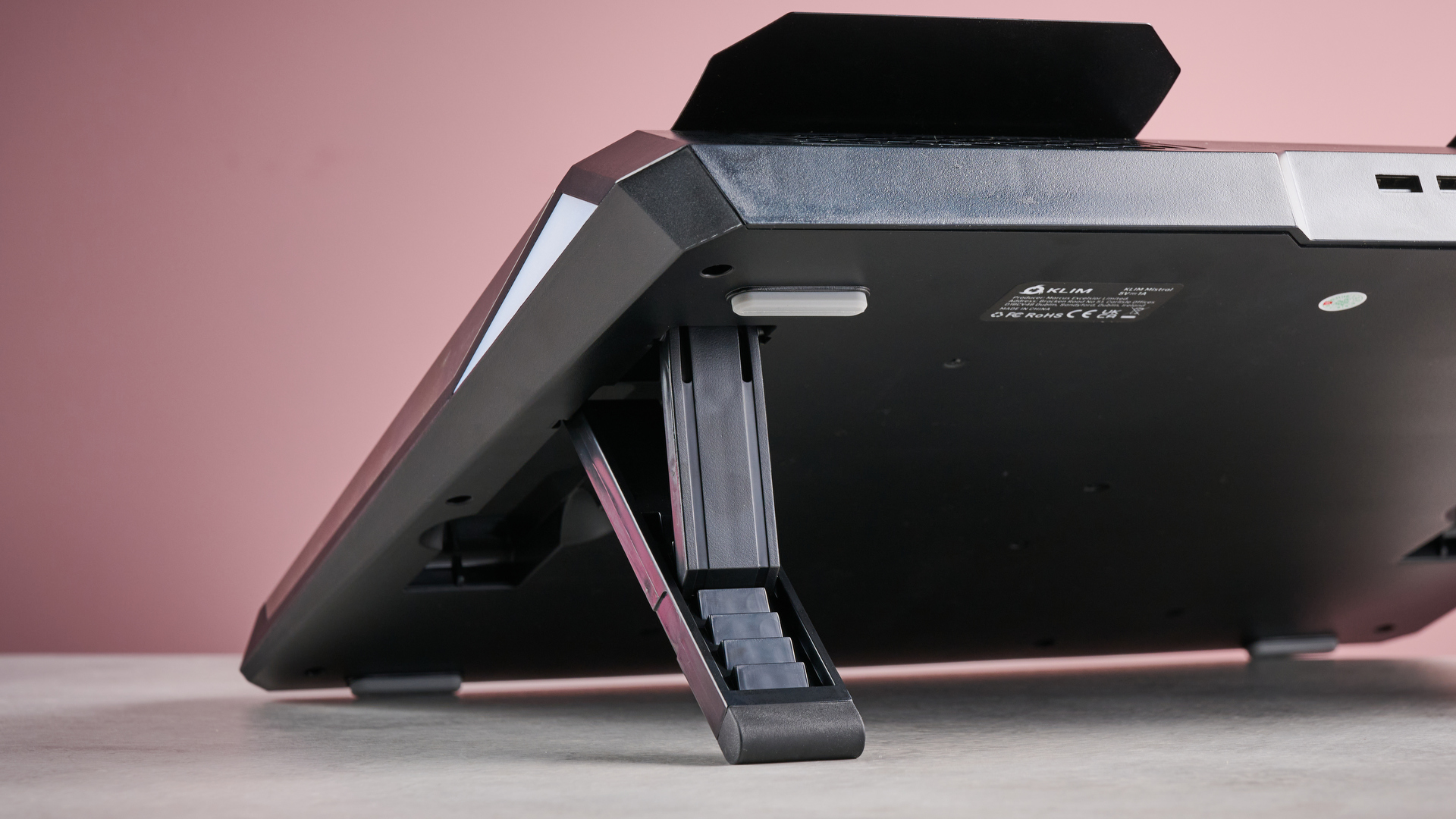 The rear of the Klim Mistral, showing its feet and six adjustable height settings.