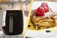 A collage of an air fryer and a bowl of bread and butter pudding