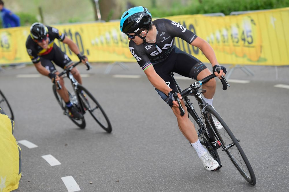 Michal Kwiatkowski attacks Phlippe Gilbert near the end of the Amstel Gold Race