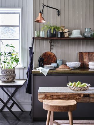 country style kitchen with kitchen styling with towels and crockery