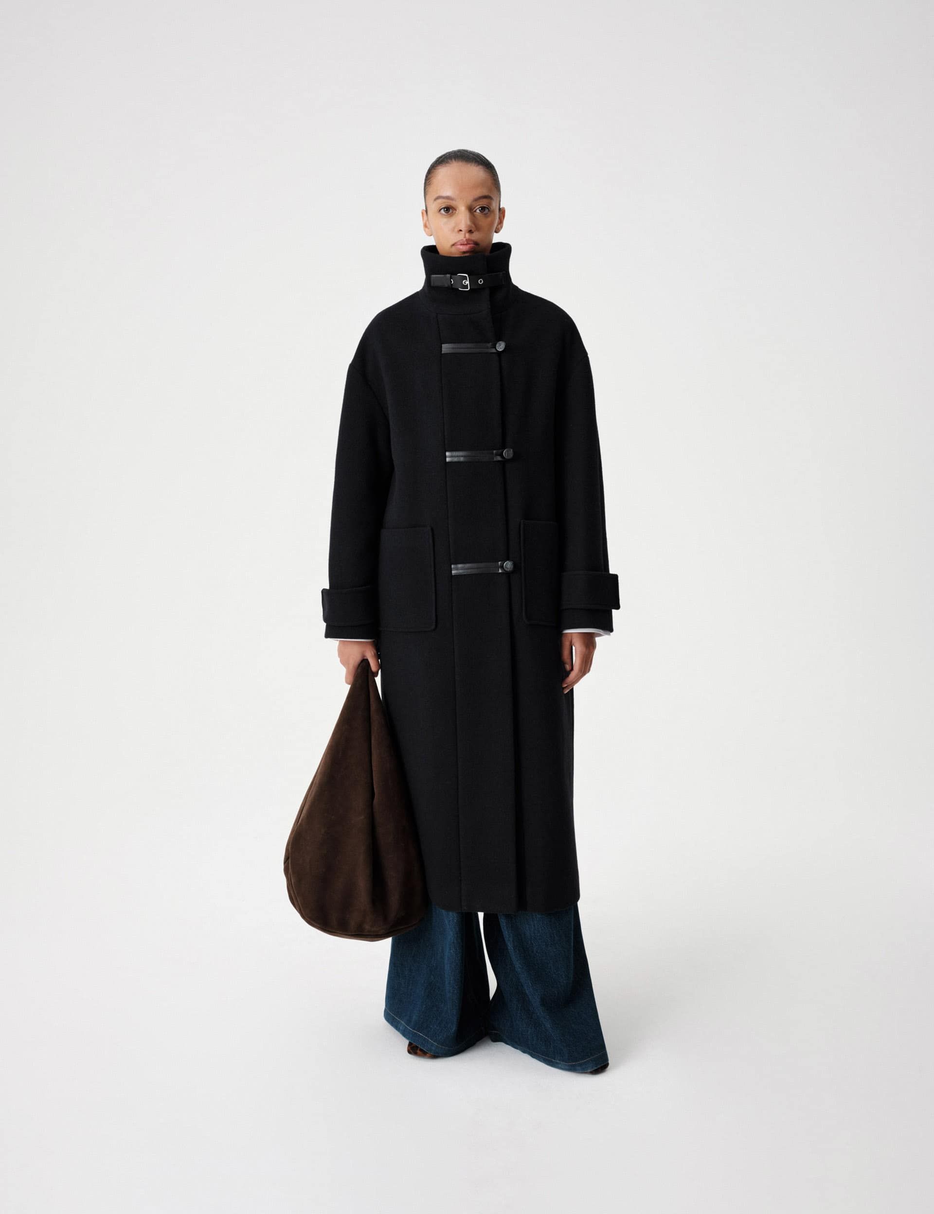 Funnel Neck Pu Trim Longline Coat