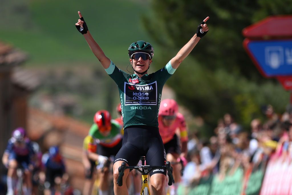 SIGUENZA SPAIN MAY 04 Marianne Vos of The Netherlands and Team Visma Lease a Bike Green points jersey celebrates at finish line as stage winner during the 10th La Vuelta Femenina 2024 Stage 7 a 1386km stage from San Esteban de Gormaz to Siguenza 1030m UCIWT on May 04 2024 in Siguenza Spain Photo by Alex BroadwayGetty Images