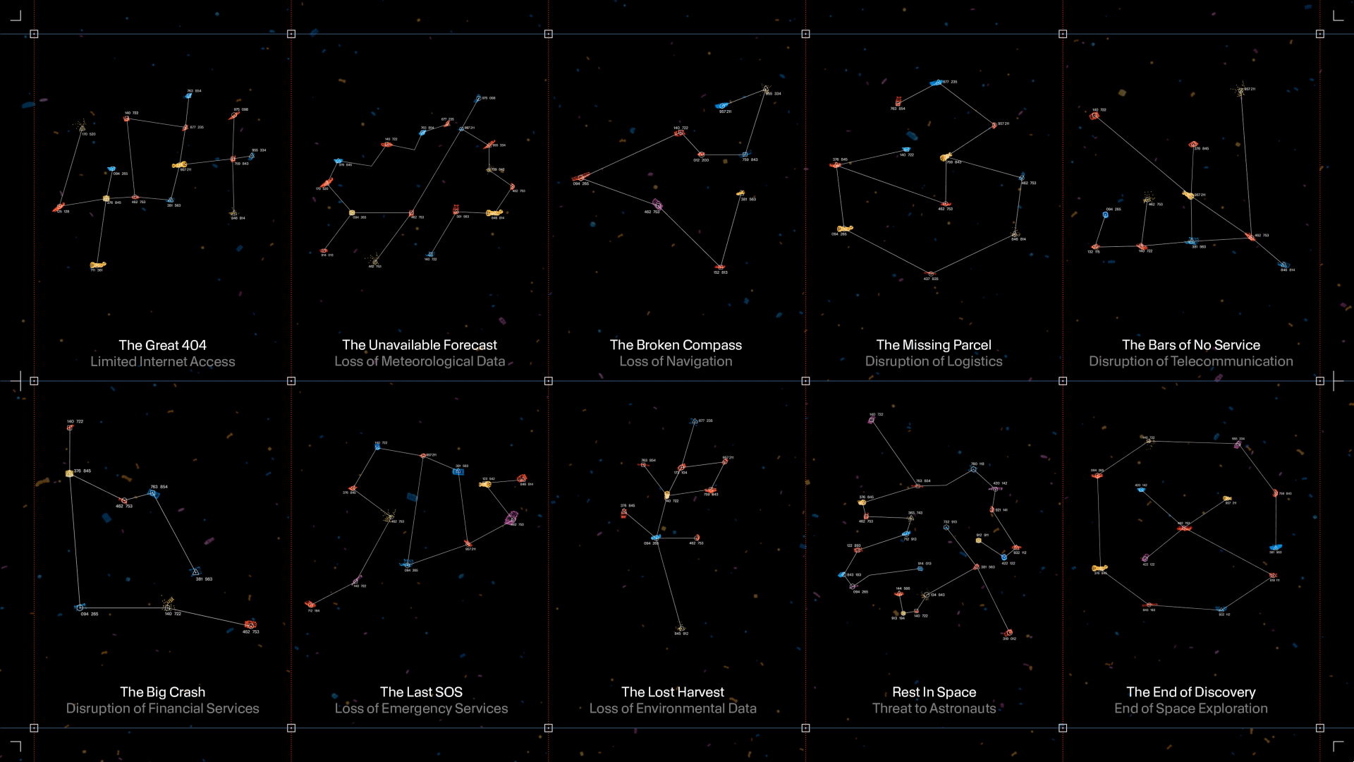 Illustration of various constellations made of space debris