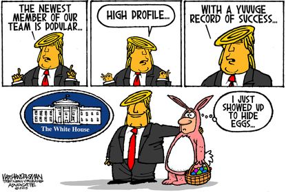 Political cartoon U.S. Trump White House chaos revolving door Easter Bunny