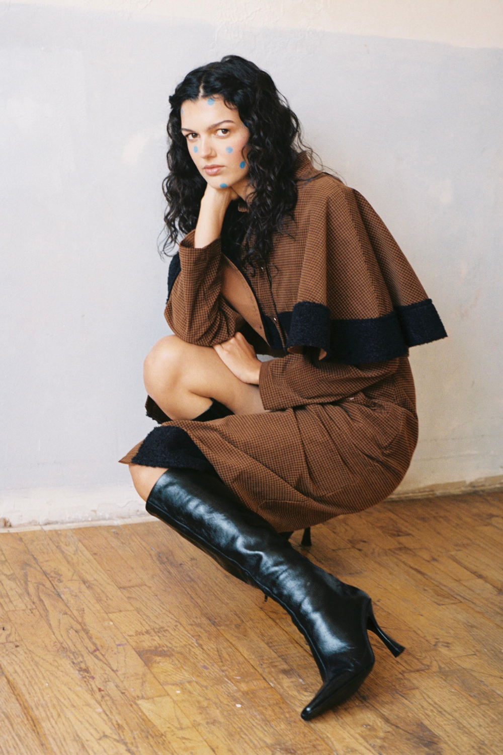 Becca Flood ss26 nyfw debut - brown skirt and jacket coord black boots