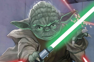 Yoda with a lightsaber in a Star Wars comic book.