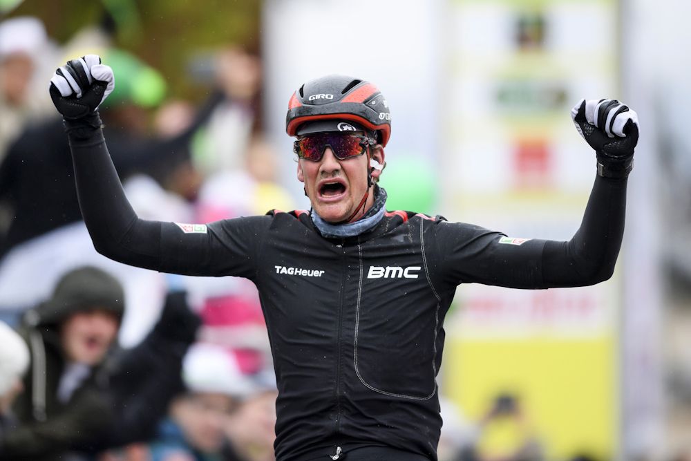 Stefan K&uuml;ng (BMC Racing) wins stage 2 at Tour de Romandie ahead of Astana's Andrey Grivko